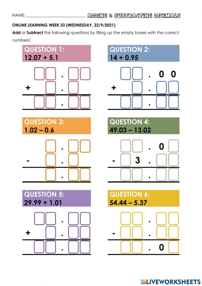 Worksheet featuring a number line for adding and subtracting decimals for fifth graders