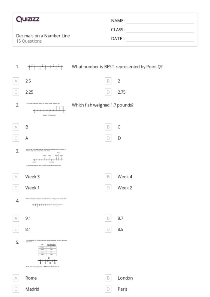 Worksheet for practicing addition and subtraction of decimals using a number line for fifth graders