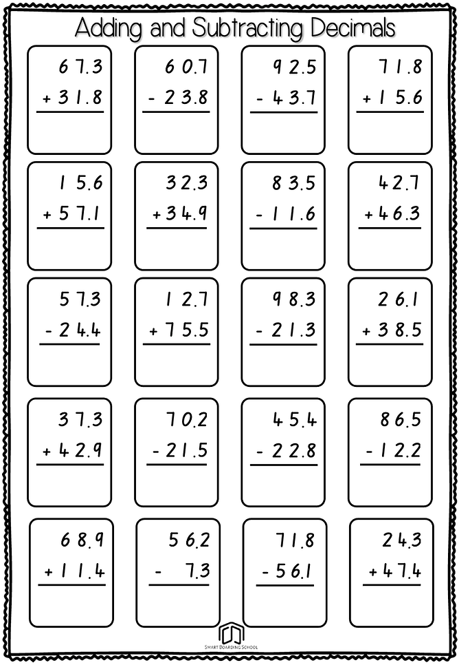 Worksheet showing a number line for adding and subtracting decimals in fifth grade math