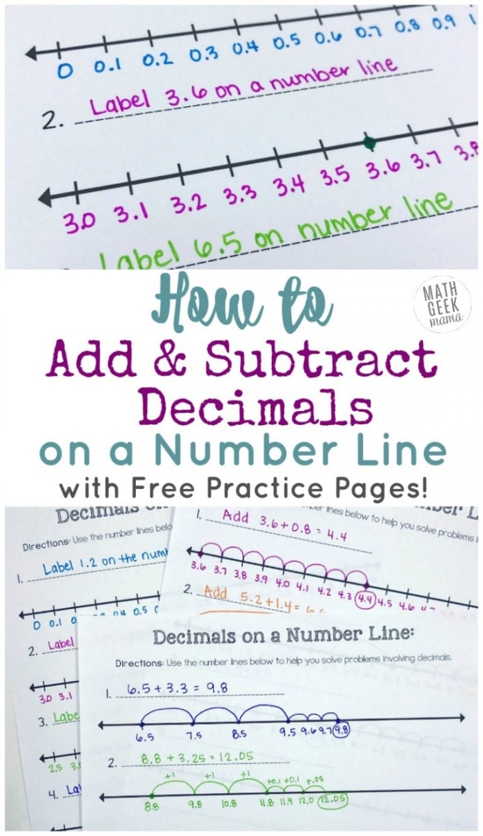 Fifth-grade students working on a worksheet for adding and subtracting decimals using a number line
