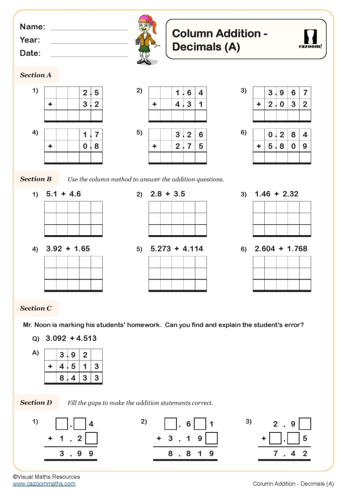 Worksheet for practicing addition and subtraction of decimals on a number line for fifth graders