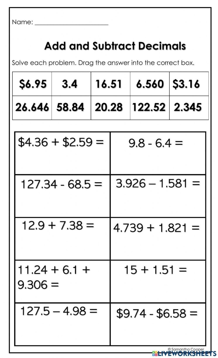 Worksheet for adding and subtracting decimals using a number line for fifth graders