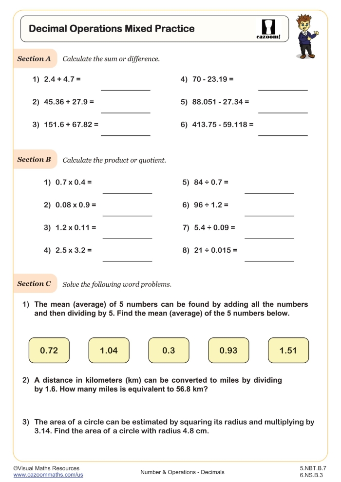 Decimal Operations: Follow the Path worksheet for practicing positive decimals Worksheet featuring decimal operations activities for fifth-grade students