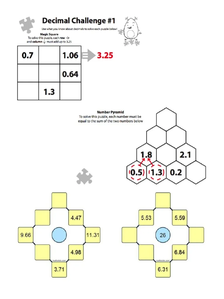 Engaging math puzzle activity for practicing decimal operations Fifth-grade students solving a Decimal Operations Puzzle worksheet