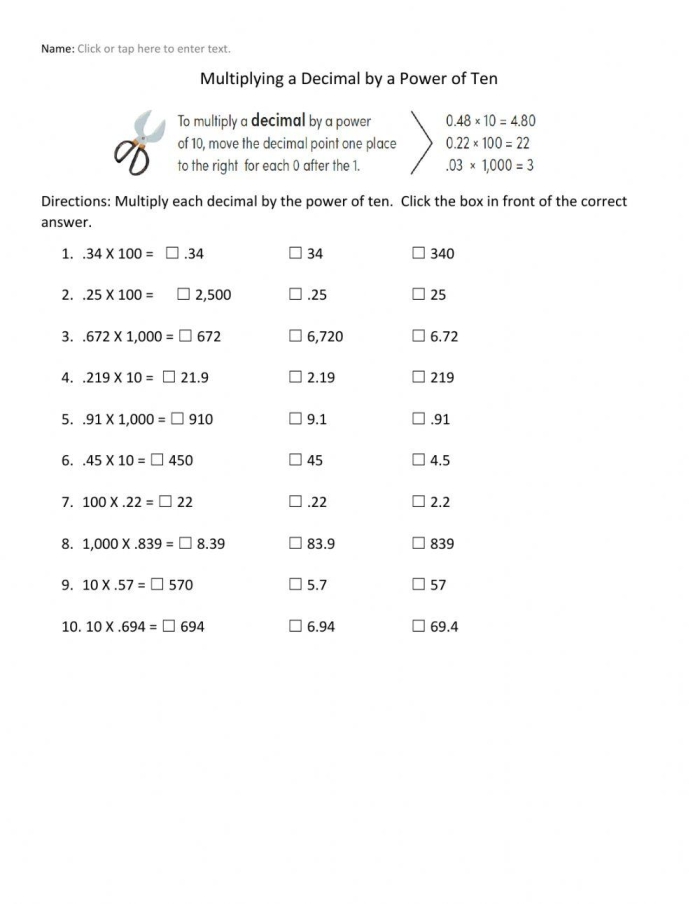 Multiplying by Powers of 10 Practice Sheet 10 Fifth grade math worksheet showing decimal multiplication problems involving powers of 10