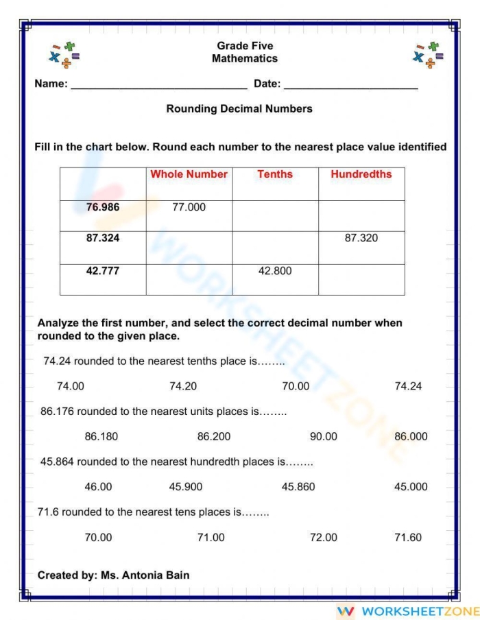 Rounding Decimals Practice Activity for Elementary Students Fifth grade math worksheet showing decimal rounding exercises with comparison problems for students to practice