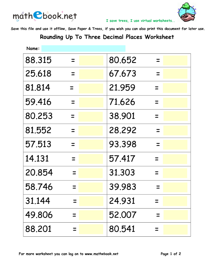 Rounding Decimals Practice Activity Sheet 7 Fifth grade math worksheet showing decimal rounding practice problems and value comparison exercises for students