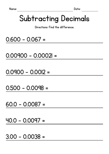 Fifth grade math student completing a worksheet on subtracting decimals number nineteen