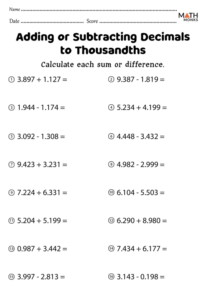 Fifth grade math worksheet showing decimal subtraction practice problems with step-by-step examples for students