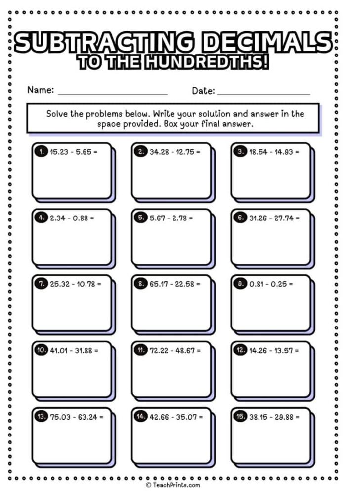 Worksheet for practicing subtracting decimals in fifth grade math