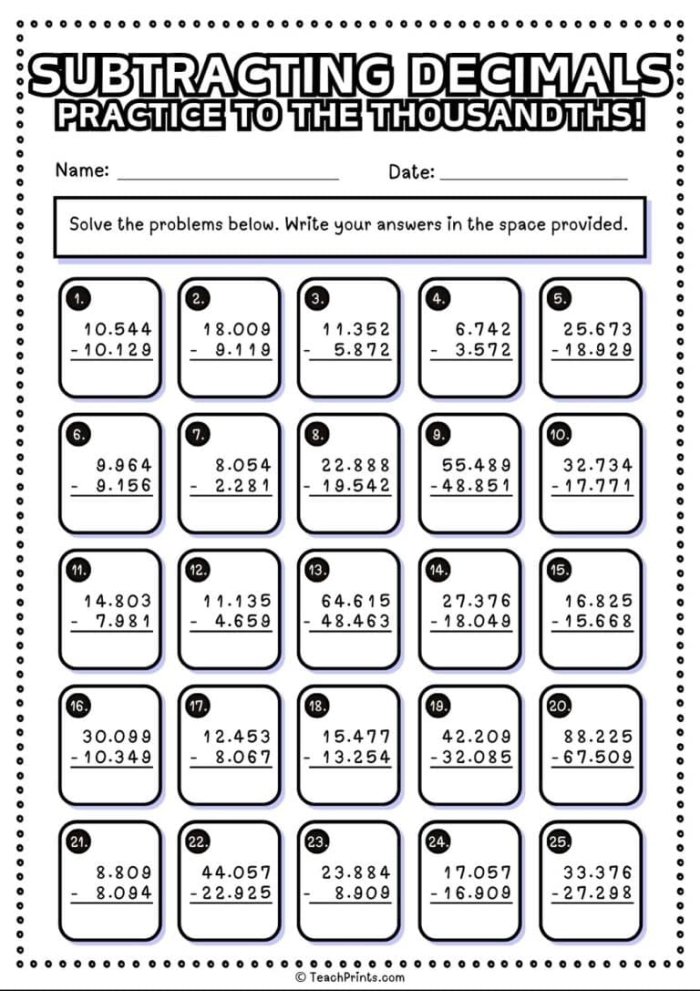 Fifth grade math worksheet showing decimal subtraction problems with step-by-step examples for students to practice