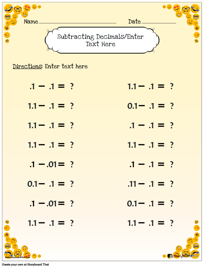 Fifth grade student completing a decimal subtraction math practice worksheet