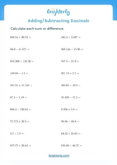 Subtracting with Decimals Worksheet for Fifth Grade Learning Worksheet for practicing subtraction with decimals for fifth graders