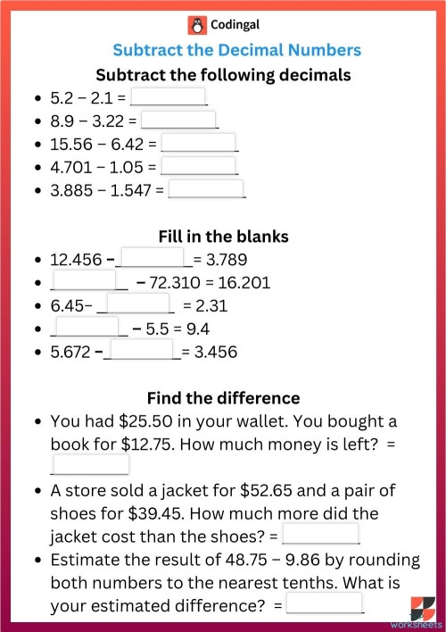 Printable worksheet for practicing decimal subtraction in fifth grade math Subtracting with Decimals worksheet designed for fifth graders to enhance their subtraction skills