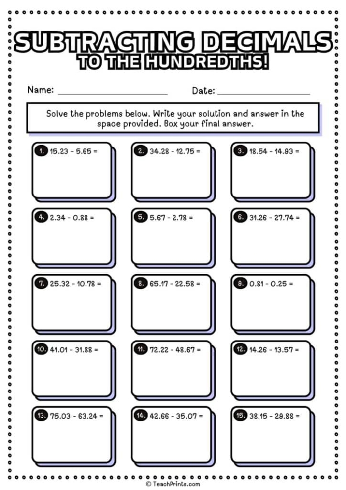 Fifth grade math worksheet showing decimal subtraction problems with step-by-step examples for students to practice