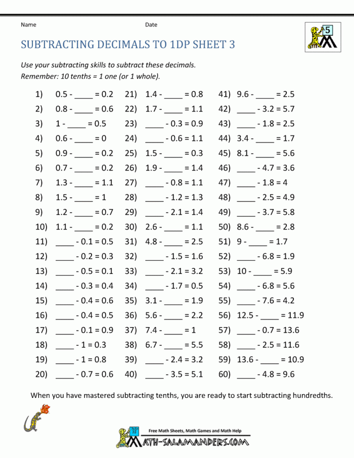 Practice worksheet for mastering subtraction with decimal numbers Subtracting with Decimals worksheet for fifth graders to enhance their math skills