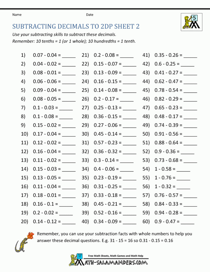 Printable resource for practicing decimal subtraction skills Worksheet focusing on subtracting decimals for fifth-grade students