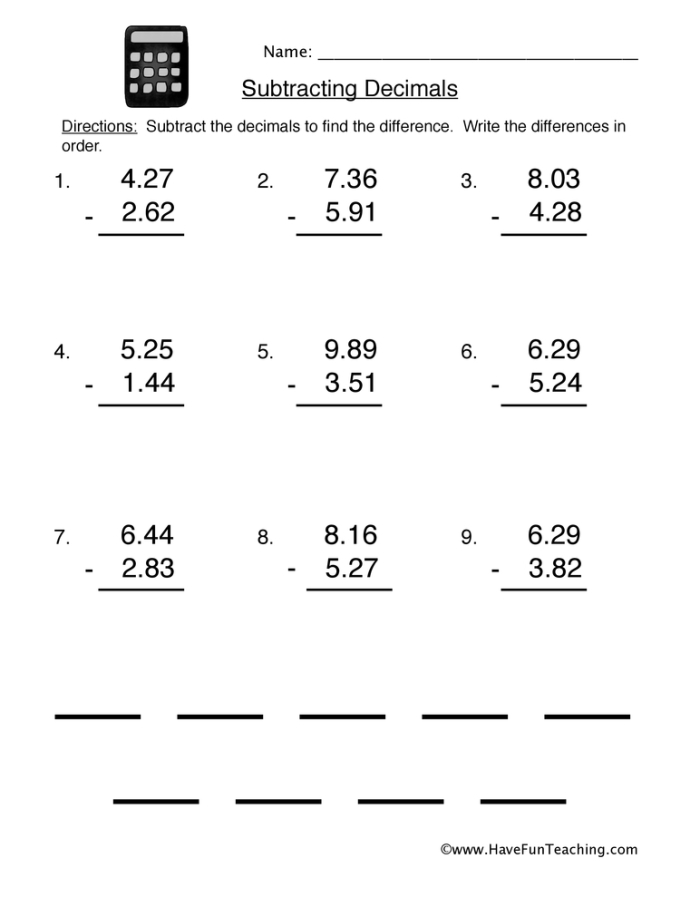 Fifth grade math worksheet showing decimal subtraction problems with step-by-step examples and practice exercises