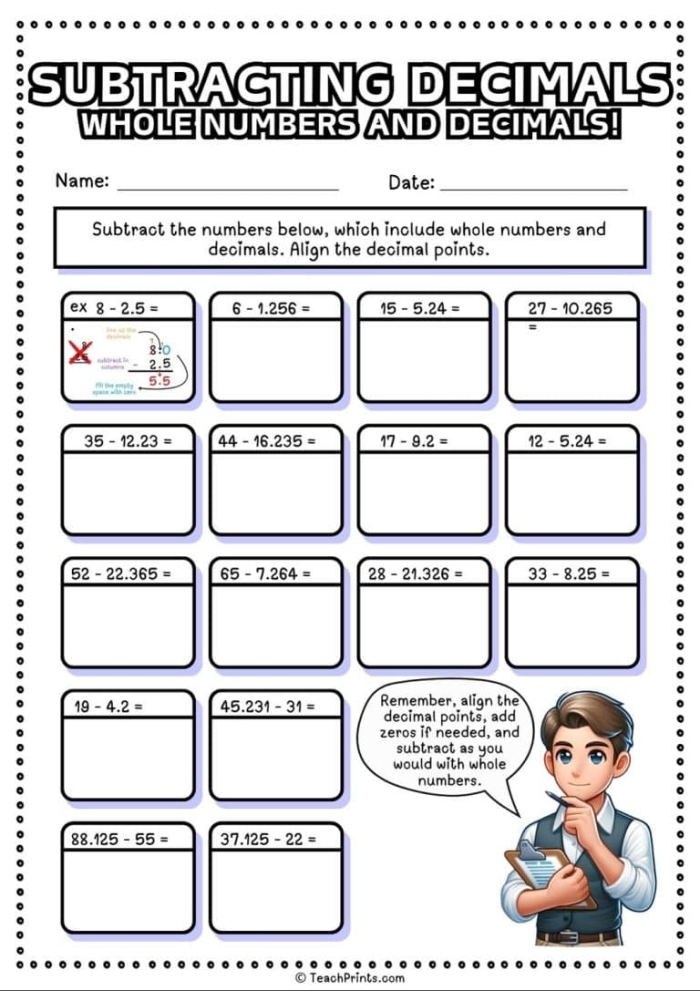 Fifth grade math worksheet showing decimal subtraction problems with step-by-step solutions for students to practice