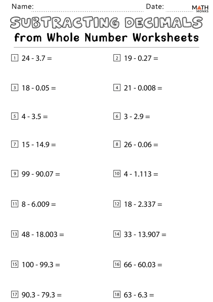 Fifth grade student working on a decimal subtraction math practice worksheet