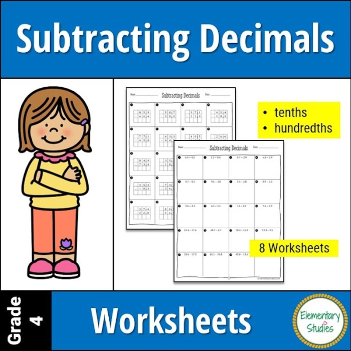 Fifth grade math worksheet showing decimal subtraction problems with step-by-step examples and practice exercises