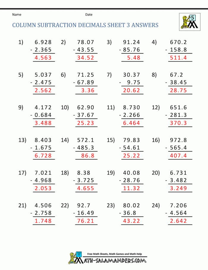Fifth grade math worksheet showing decimal subtraction practice problems for students learning to subtract decimals with step-by-step examples