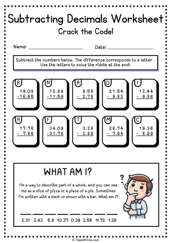 Worksheet featuring fifth graders subtracting decimals in a fun practice exercise
