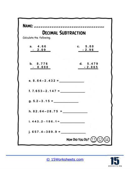 Worksheet featuring fifth graders practicing subtracting decimals