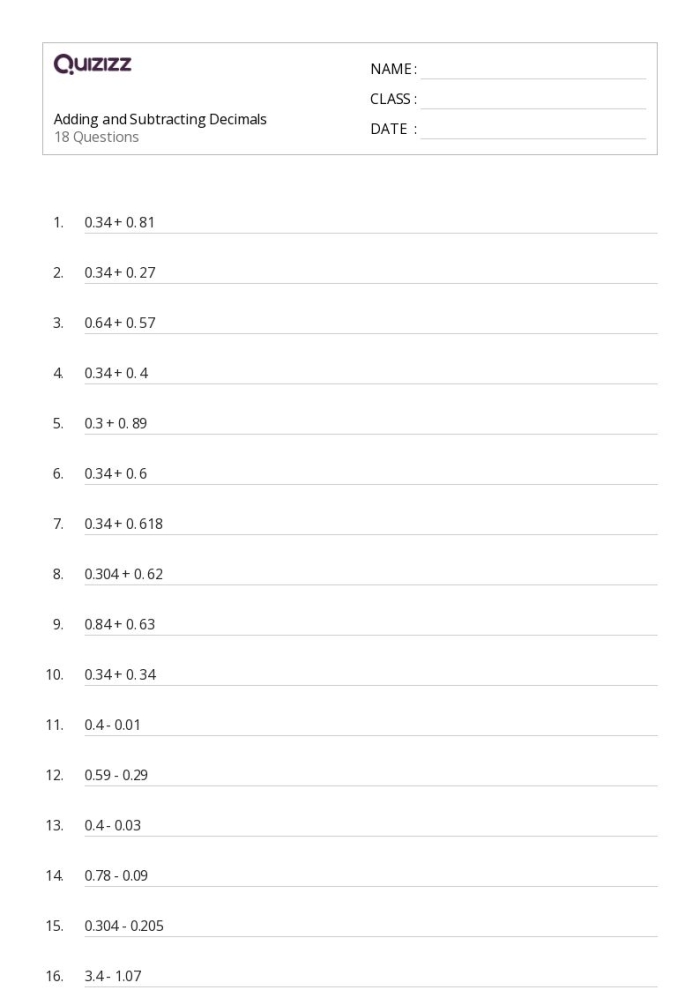 Worksheet featuring fifth graders practicing subtracting decimals