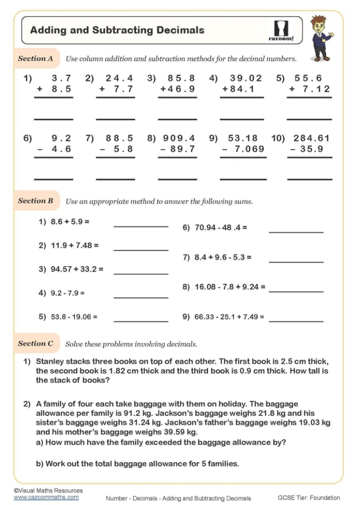 Printable practice sheet for mastering decimal subtraction skills Worksheet featuring subtraction with decimals for fifth graders