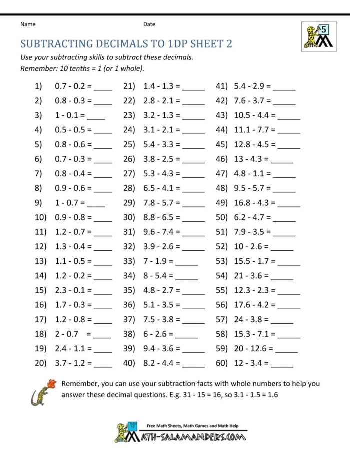 Subtracting with Decimals Worksheet for Fifth Grade Students Worksheet for practicing subtraction with decimals for fifth graders