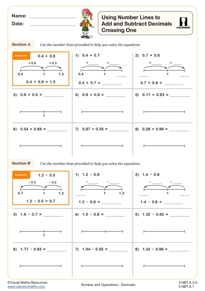 Worksheet for adding and subtracting decimals on a number line for fifth graders