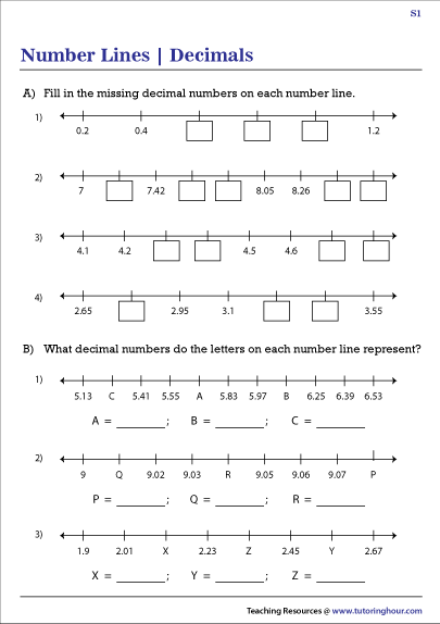 Worksheet for practicing addition and subtraction of decimals on a number line for fifth graders