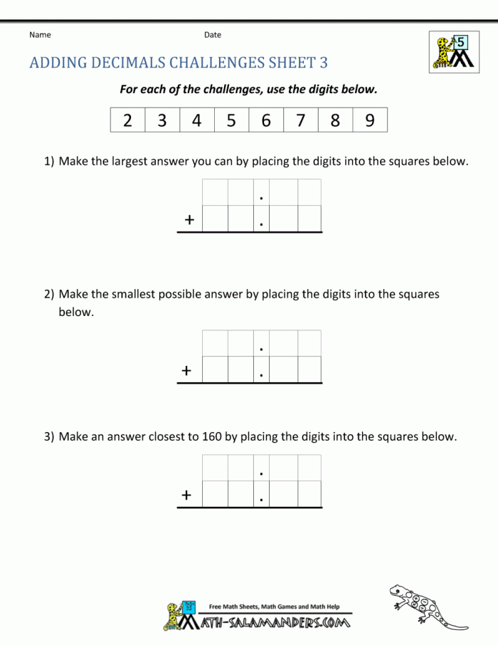Fifth grade student practicing addition of decimals to the thousandths place on worksheet 21