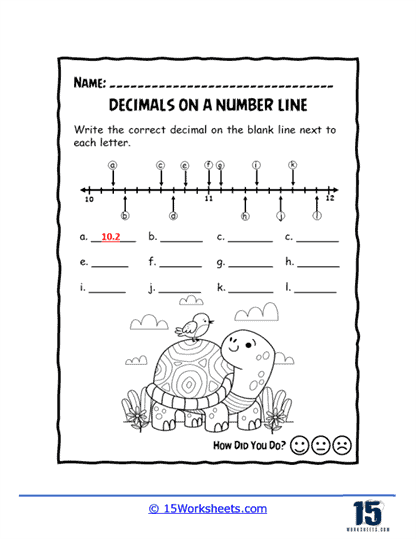 Students practicing addition and subtraction of decimals on a number line worksheet. Fifth grade worksheet focused on decimal operations using number lines.