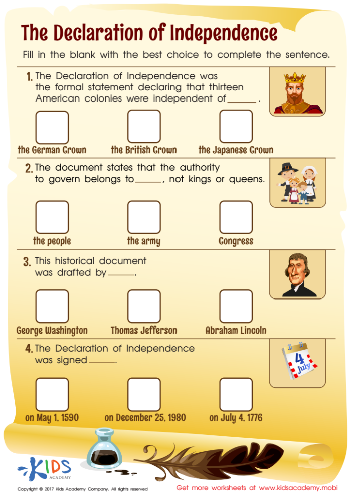 Declaration of Independence Creative Writing Activity for Elementary Students Fifth grade students completing a creative writing worksheet about rewriting the Declaration of Independence with word family vocabulary