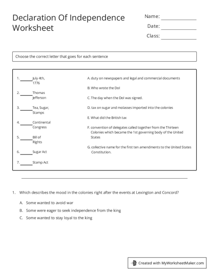 Engaging exercise to simplify the language of the Declaration of Independence Paraphrasing activity worksheet for the Declaration of Independence aimed at fifth graders