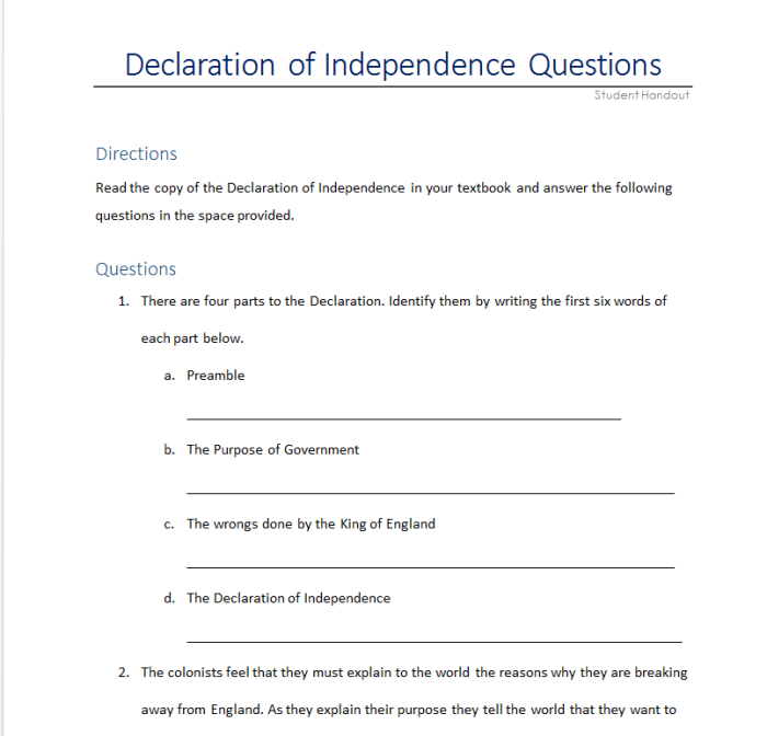 Engaging exercise to simplify the complex language of the Declaration of Independence Paraphrasing activity worksheet for the Declaration of Independence aimed at fifth graders