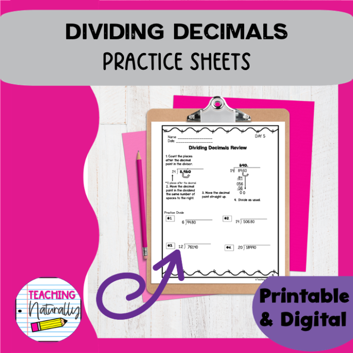 Fifth grade student practicing math problems on a dividing decimals worksheet number twelve