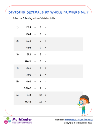 Fifth grade worksheet featuring nine problems for dividing decimals by whole numbers