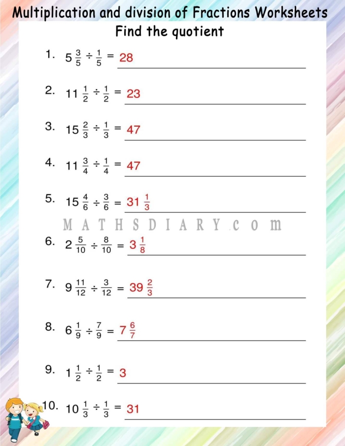 Engaging worksheet to help fifth-grade students master dividing fractions with whole numbers Dividing fractions by whole numbers worksheet for fifth graders, featuring clear examples and practice problems