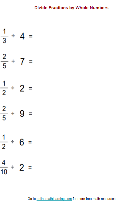 Practice dividing fractions with whole numbers on this engaging worksheet Worksheet for dividing fractions by whole numbers for fifth graders