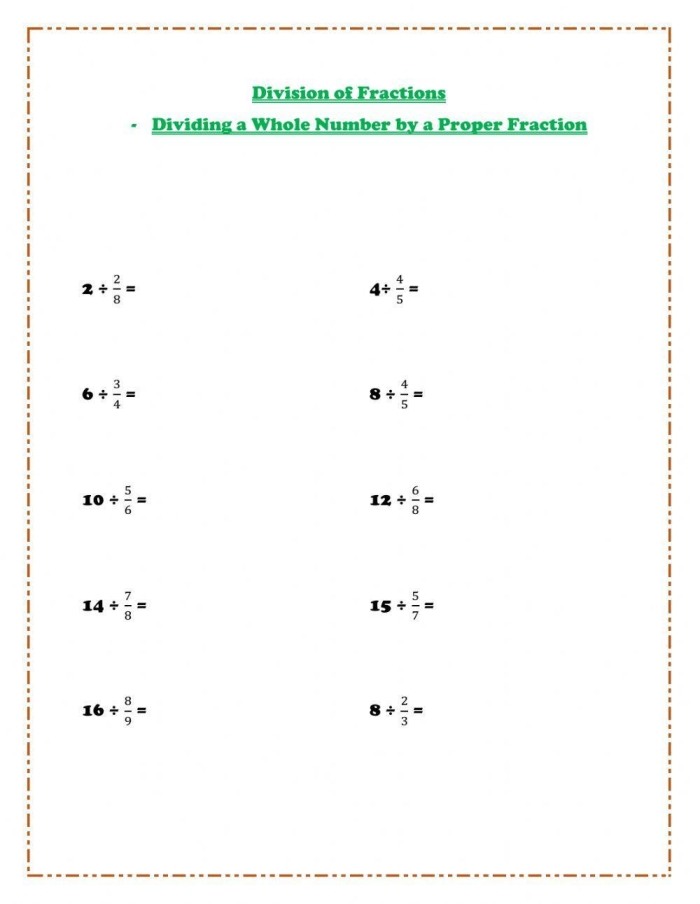 Dividing Fractions by Whole Numbers Practice Sheet 24 Fifth grade math worksheet showing equations for dividing fractions by whole numbers