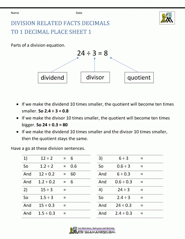 Worksheet featuring decimal division exercises for fifth grade students Decimal Placement in Division worksheet for fifth graders estimating answers to division problems
