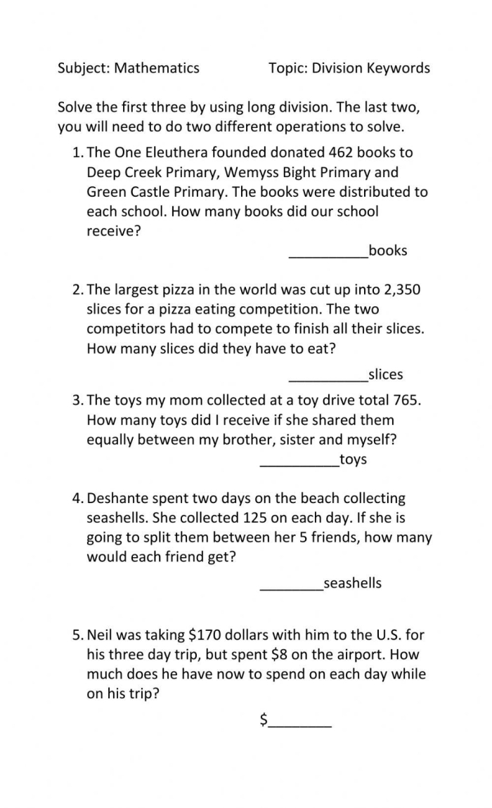 Fifth grade division word problems worksheet showing math problems with space to solve and show work