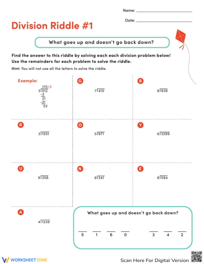 Fifth grade student completing a Halloween division riddle worksheet about ghost breakfast