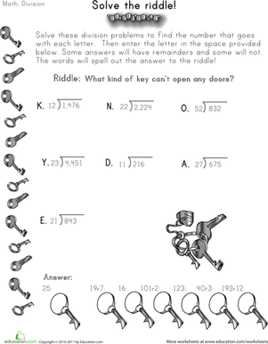 Fifth grade division riddle worksheet featuring a spooky Halloween ghost theme