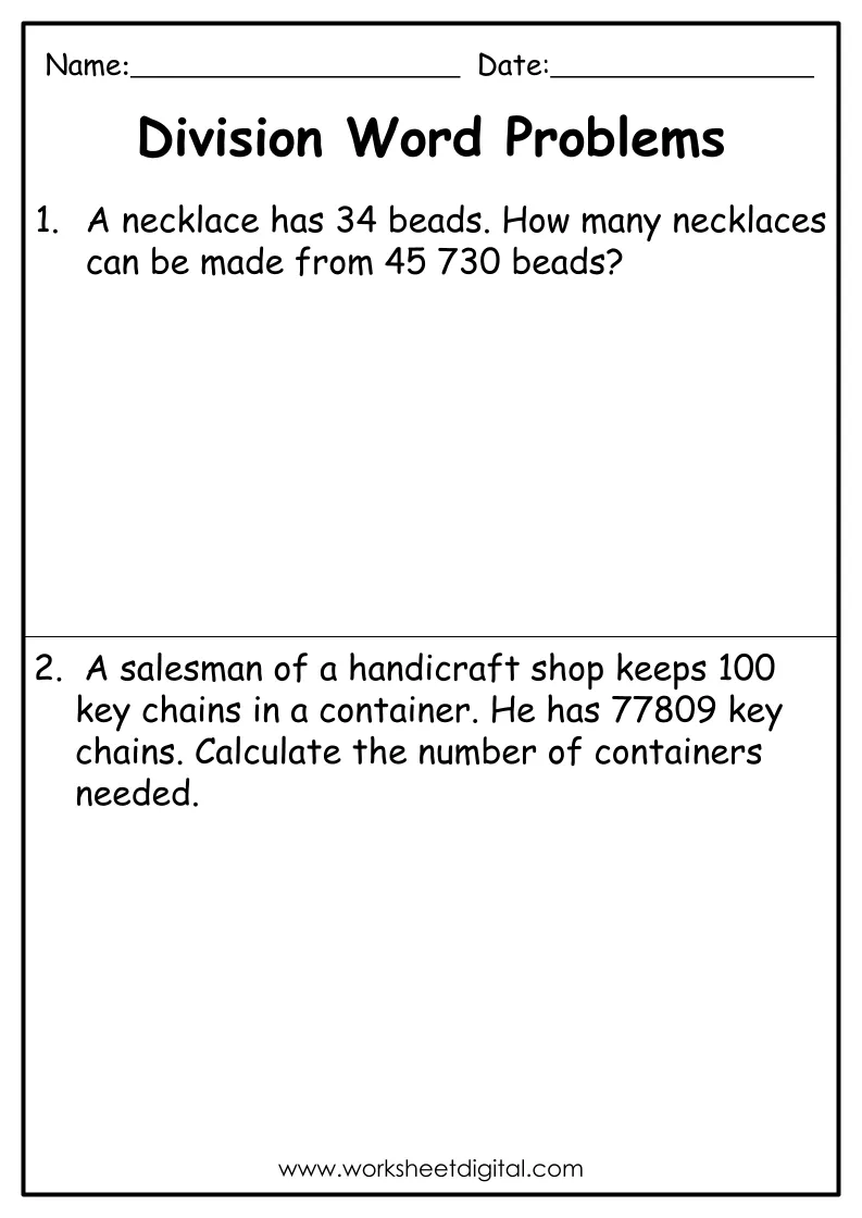 Classroom Math Division Word Problems Worksheet for Fifth Graders Students working on Division Word Problems in a fifth-grade math worksheet