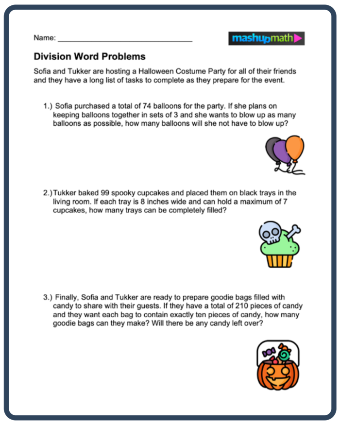 Fifth grade math worksheet featuring a variety of division word problems with space for students to show their work