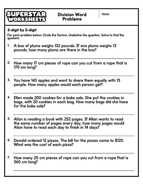 Fifth grade students solving division word problems on a printable math worksheet